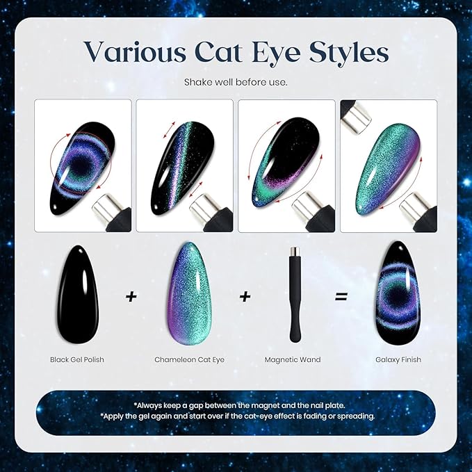 Beetles Cat Eye Gel Nail Polish Set - 6 Colors Halloween Chameleon Cat Eye Black Glitter Red Blue Gold Green Orange Gel Polish with Magnet Soak Off UV Velvet Gel Salon French Nail Art Gift for Women
