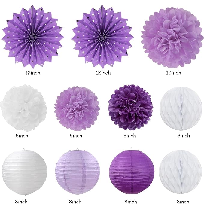 Purple Lilac-Lavender White Women Birthday Party-Decorations - 21pcs Happy Banner,Paper Lanterns,Tissue Pom Poms Flower Fan,Honeycomb Ball,Hanging Streamers Garland, Girls Decor Supplies Huglony