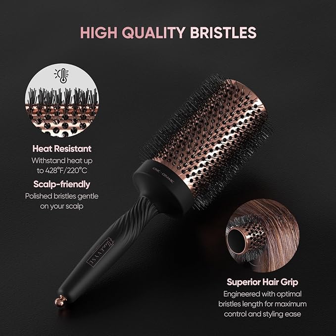 Round Brush for Blow Drying, Ceramic Coated Barrel for Volumizing & Shine, Lightweight Styling Brush for Straightening, Curling,with 4 Hair Clips (1.3inch&2.1inch)