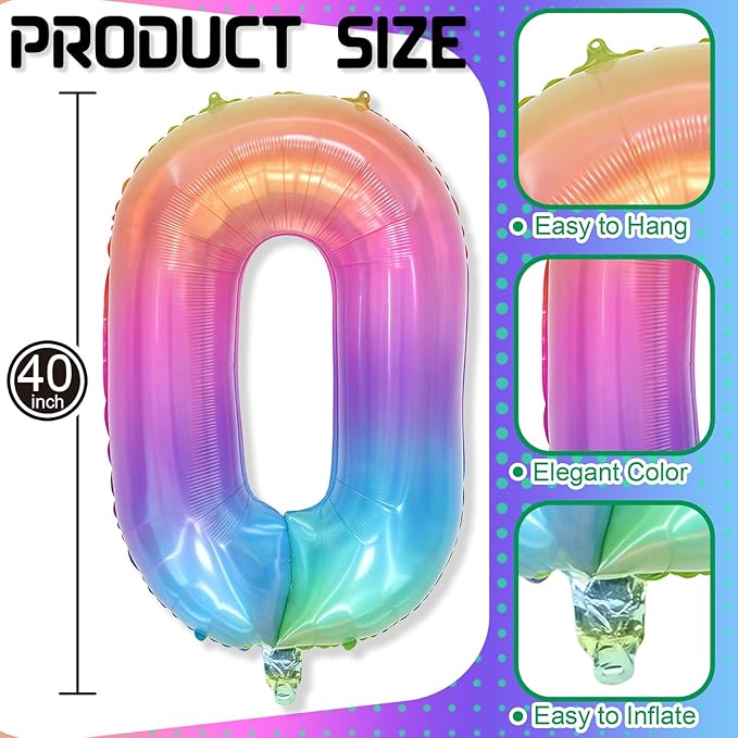 Rainbow Number 0 Balloon, 40 Inch Colorful Self Inflating Foil Balloons, Globos De Numeros Grandes, Large Mylar Helium Multicolor Number 0 Balloon for Kids Birthday Party Decor Baby Shower Decorations