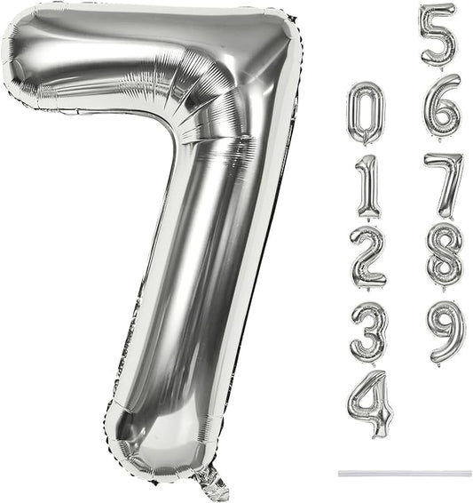 40'' Silver Number 7 Balloons, Self Inflating Foil Number Balloons Set 0-9 for Women Men, Large Digital 7 Helium Balloon for Girls Boys 7th Birthday Party New Year Decorations Anniversary Supplies