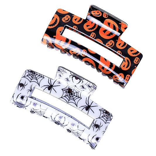 2 Pack Halloween Hair Claw Clips for Women, Pumpkin Spider Square Hair Claws for Thick and Thin Hair Large Claw Clip Hair Accessories for Halloween Costume Party Trick or Treat Deco