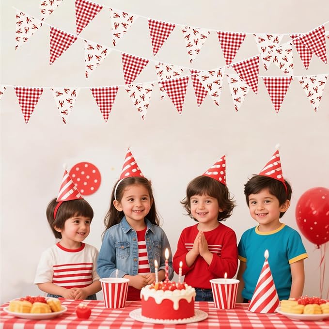32Ft Crawfish Party Decorations Red Buffalo Plaid Crawfish Pennant Banner Fabric Triangle Flag Garland Streamers for Lobster Birthday Shrimp Seafood Boil Baby Shower Barbecue Party Decor Supplies