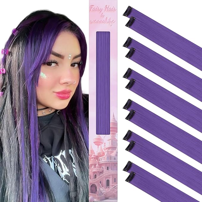 WENNALIFE 12 PCS Deep Purple Hair Extensions Clip in, Colored Clip in Hair Extensions for Kids Highlights Rainbow Hair Clips for Girls Synthetic Straight Pop-up Style Colorful Girls Hair Accessories