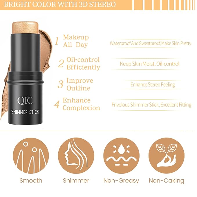 Highlighter Stick,Highlighter Makeup for Face & Body, Multi-Use Body Shimmer Glow Cream for All Skin Types, Buildable, Non-Caking, Long Lasting Radiant for All Day, Great Gift for Women & Girls, Brown