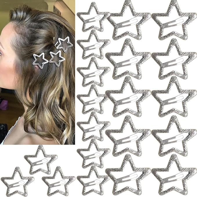 20 PCS Sparkling 1.22" and 1.65"Star Hair Clips Snap Hair Accessories Non Slip Clips for Girls Women Y2K Accessories Silver Metal Hair Clip Hair Barrettes
