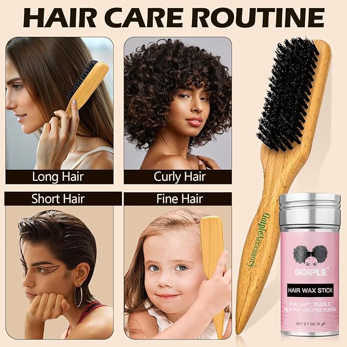 Slick Back Hair Brush & Wax Stick Set for Slick Back Hair – Teasing Boar Bristle Hair Brush for Sleek, Control, Flyaways & Baby Hairs – Wax Stick for Women Sectioning & Smoothing Ponytail Bun