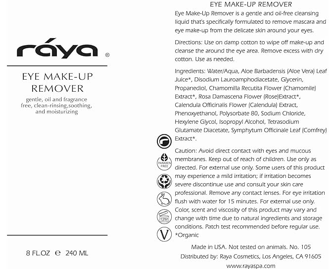 Raya Eye Make-Up Remover 16 oz (105) | Oil-Free, Make-Up Removing Cleansing Fluid | Gently Removes Non-Water-Proof Mascara | Great For Sensitive Skin