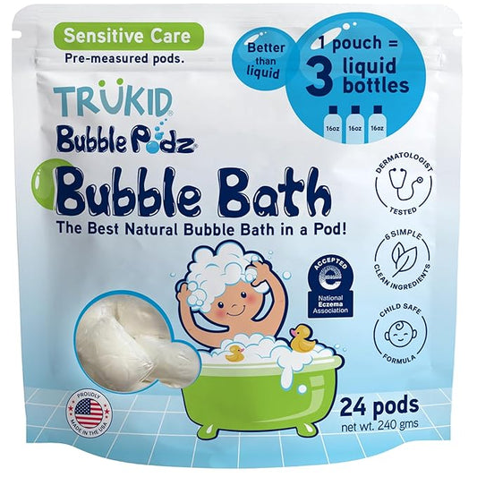 TruKid Bubble Podz Bubble Bath for Kids, Toddlers, & Babies, NEA-Accepted for Eczema, Gentle Refreshing Colloidal Oatmeal Bath Bomb for Sensitive Skin, pH Balanced, Tear Free, Unscented (24 Podz)