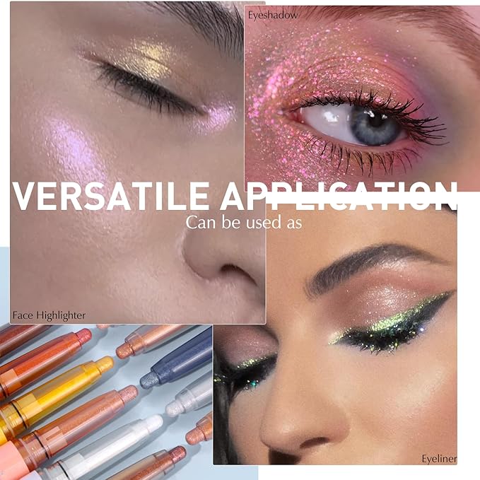 Glitter Eyeshadow Stick Metallic Chrome Finish, Shimmer Cream Eye Shadow Stick Long Lasting Holographic Color Sparkle Multi-Use Eye Brightener Highlighter Makeup Blendable Eyeliner Pencil, 1#