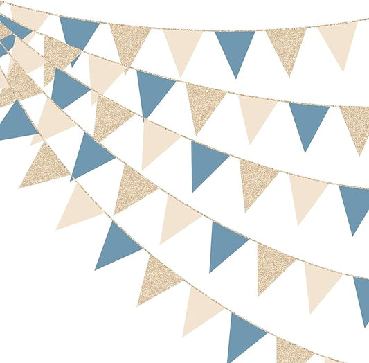 30Ft Champagne Gold Dusty Blue Beige Party Decorations Pennant Banner Flag Hanging Paper Triangle Bunting for Baby Shower Birthday Graduation Wedding Bachelor Retirement Nautical Party Supplies