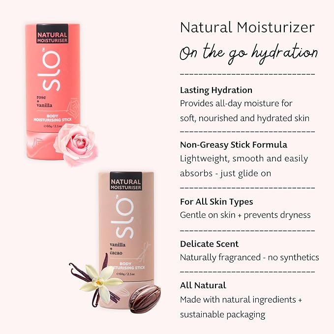 Slo Natural Moisturizing Stick | Body Balm with Organic Ingredients | Hydrating Nourishing | Coconut, Cocoa Butter & Antioxidants | Travel-Friendly | Rose Vanilla & Vanilla Cacao | 2set (2x2.1oz/60g)