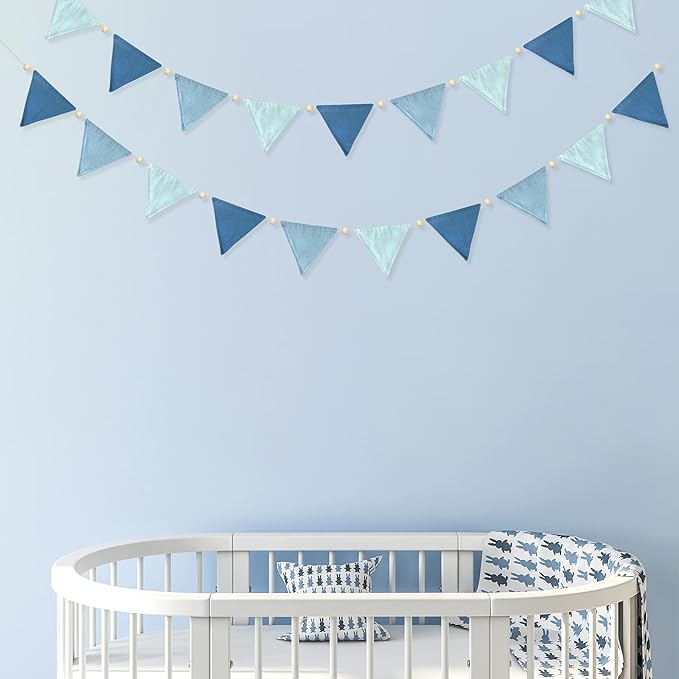 2 Sets of Blue Pennant Wooden Bead Banner Nursery Garland 20pcs Royal Linen Fabric Flags Triangle Streamers for Baby Room Decor Kids Boys Nautical Birthday Baby Shower Boho Event Party Decorations