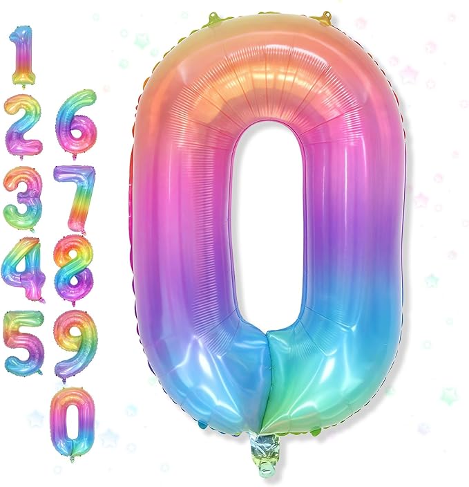 Rainbow Number 0 Balloon, 40 Inch Colorful Self Inflating Foil Balloons, Globos De Numeros Grandes, Large Mylar Helium Multicolor Number 0 Balloon for Kids Birthday Party Decor Baby Shower Decorations