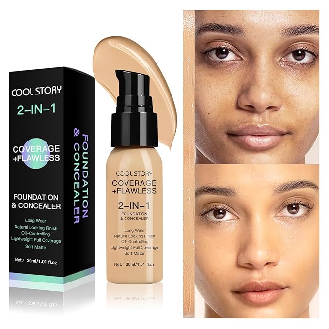 2-in-1 Foundation and Concealer Long Wear Natural Matte Finish Lightweight Coverage (Light Medium)