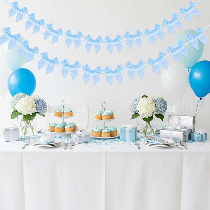 2Pcs Bow Garland Banner,Ribbon Bow Decorations for Party,Blue Bow for Baby Shower Decorations Wedding Bachelorette Bridal Shower Supplies(Blue)