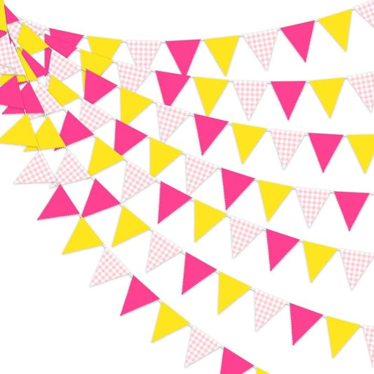 33 Ft Softball Theme Hanging Banner Decoration Triangle Flag Pink Yellow Pennant Plaid Fabric Bunting Garland for Birthday Baby Shower Sports Party Supplies