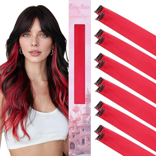 WENNALIFE 12 PCS Red Hair Extensions Clip in, Colored Clip in Hair Extensions for Kids Highlights Rainbow Hair Clips for Girls Synthetic Straight Pop-up Style Colorful Festival Girls Hair Accessories