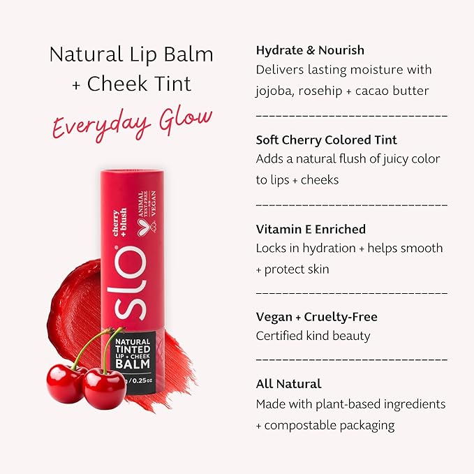 Slo | Natural Tinted Lip and Cheek Balm - All Natural Ingredients, Vegan & Cruelty Free, Hydrating & Soothing, Plastic Free, Paper Packaging | Cherry Blush, (0.28oz/8g)