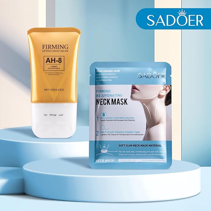 SADOER AH-8 Neck Cream and Mask Set 12 Pack Neck Mask & Firming Cream, Contains Hexapeptide, Tightening Lotions, Wrinkle Reducing Care Kit - Includes Travel Pouch, Perfect for Halloween Gifts