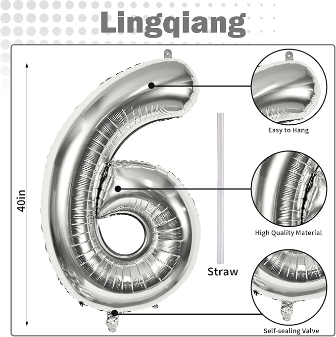 40" Silver Number 6 Balloon for Girls Boys, Large Self Inflating Helium Foil Number Balloons Set 0-9 for Women Men 6th 16th 60th Birthday Anniversary Wedding New Year Party Decorations Supplies