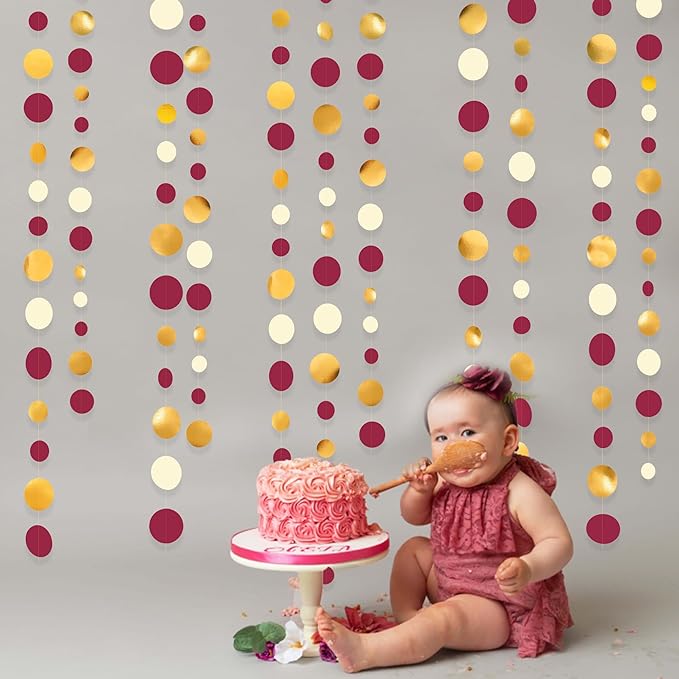 46 Ft Maroon Gold Party Decorations Burgundy Gold Beige Polka Dot Garland Hanging Paper Circle Dots Streamer for Maroon Garnet Graduation Birthday Anniversary Wedding Bridal Shower Party Supplies