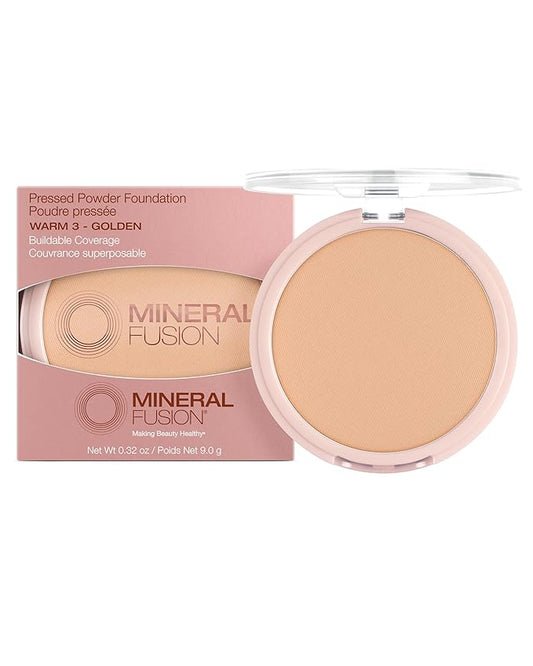 Mineral Fusion Pressed Powder Foundation - Matte Finish Face Powder for Med/Tan Skin with Yellow Undertones - Age Defying Natural Makeup - Talc Free, Vegan, Hypoallergenic (Warm 3)