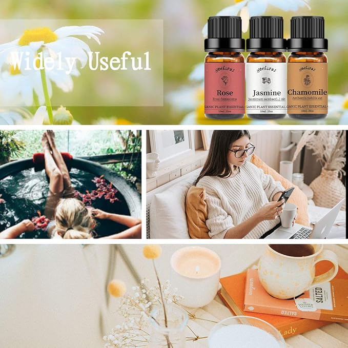 yethious Rose Jasmine Chamomile Essential Oil Set Organic 100% Pure Aromatherapy Oil for Diffuser, Soap, Candle Making 3 X 10ML