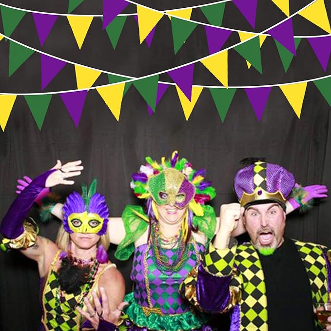 32Ft Yellow Green Purple Pennant Banner Fabric Triangle Flag Bunting Garland Streamer for Mardi Gras Party Mardi Gras Birthday Wedding Engagement Baby Shower Home Outdoor Garden Hanging Decorations