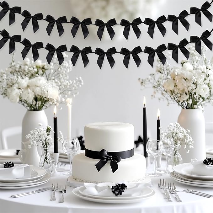 2pcs Bow Garland Banner, Ribbon Bow Party Decorations for Baby Shower Girls Bow Coquette Birthday Party Decor (Black)
