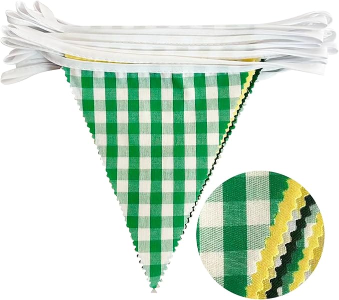 32Ft Yellow Green Party Decorations Green Yellow Gingham Banner Buffalo Plaid Checkered Triangle Flag Pennant Fabric Garland Streamers for Master Golf Birthday Baby Shower Picnic Golf Decor Supplies