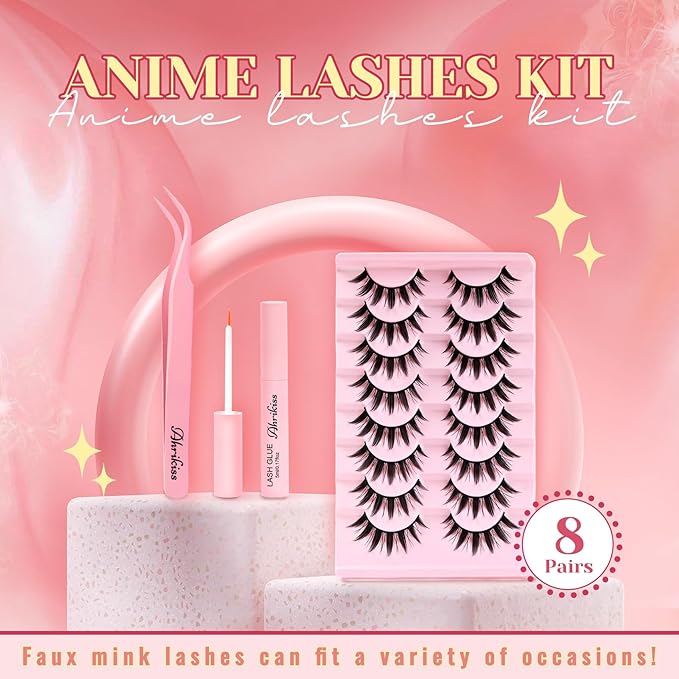Ahrikiss Lashes Spiky Manga Lashes Anime False Eyelashes 8 Pairs Faux Mink Lashes Kit with Lash Glue and Lash Tweezers Cosplay Thick Fake Eyelashes Soft Strip Lashes Natural Look (Dolls)