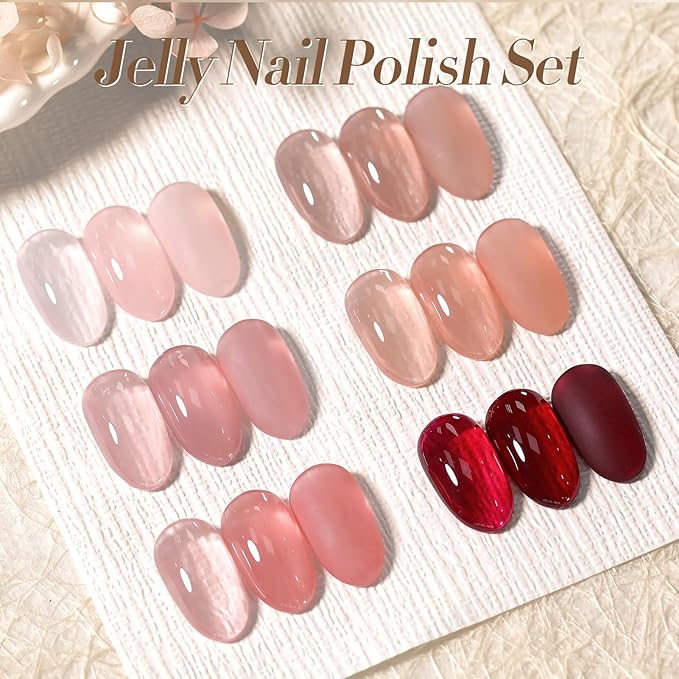 Born Pretty Jelly Nail Polish Set, 6 Colors Burgundy Red Brown Nude Pink Natural Colors Quick Dry Nail Polish Sheer Transparent Fall Winter Fingernail Polish for DIY Nail Art Salon Home Gifts