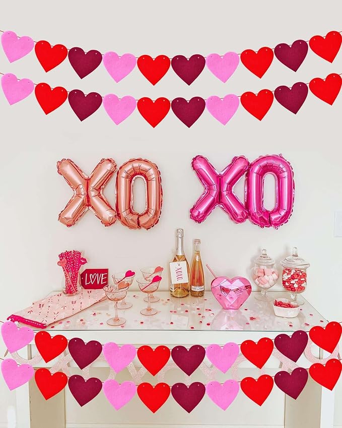 4 Pack Felt Heart Garland Banners,Felt Red Pink and Hot Pink Valentines Day Heart Decorations,Valentines Felt Heart Garland Banner for Valentines Day Anniversary Wedding Party Decorations Supplies