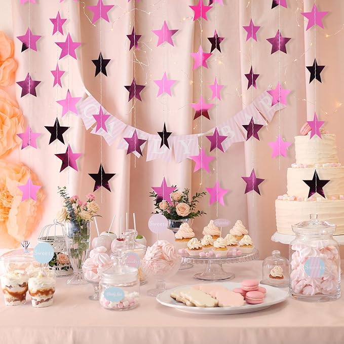 Patelai 78 Feet Glitter Star Garland Banner Decoration Hanging String Star New Year Eve Party Supplies Gold Black Party Decor for 2026 New Year Valentines Wedding Birthday (Pink)