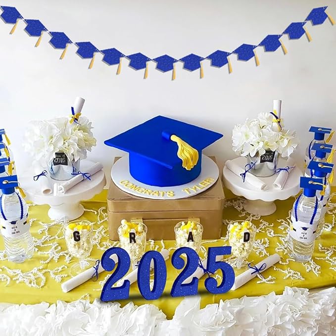 2025 Blue Glitter Graduation Decoration Hats Banners with Tassel Class of 2025 Graduation Banners Garlands for College High School Graduate Party Decorations