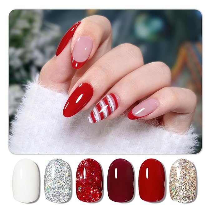 GAOY Red Gel Nail Polish Set of 6 Colors for Christmas nails Including White Burgundy Gold Sliver Glitter Gel Polish Kit for Valentine’s Day