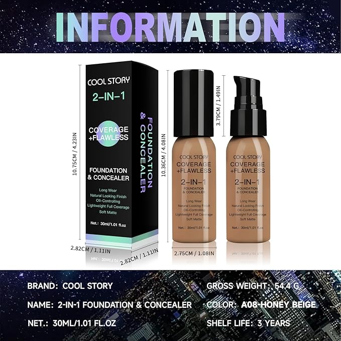 2-in-1 Foundation and Concealer Long Wear Natural Matte Finish Lightweight Coverage (Honey Beige)