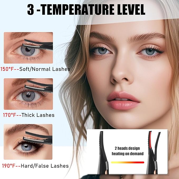 Heated Eyelash Curlers - 2 in 1 Clip- Type Heated lash Curler Best Seller Electric Eyelash Curler LED Display 3 Temp Settings for Makeup Tools USB Rechargeable Natural Curling 24H Long Lasting AD