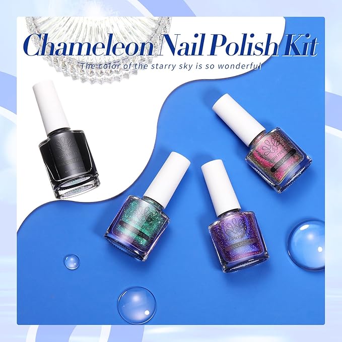 Born Pretty Chameleon Nail Polish Set Holographic Glitter Polish Sparkle Shimmer Nail Art Polish with Black Nail Polish Multicolored Nail Art Varnish 4 Bottles