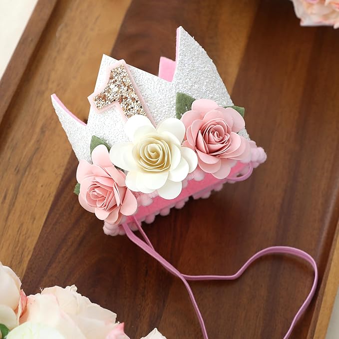 Wildflower 1st High Chair Banner Birthday Decorations For Girl Pink Flower Cake Topper Hat Floral Theme Party Decoration