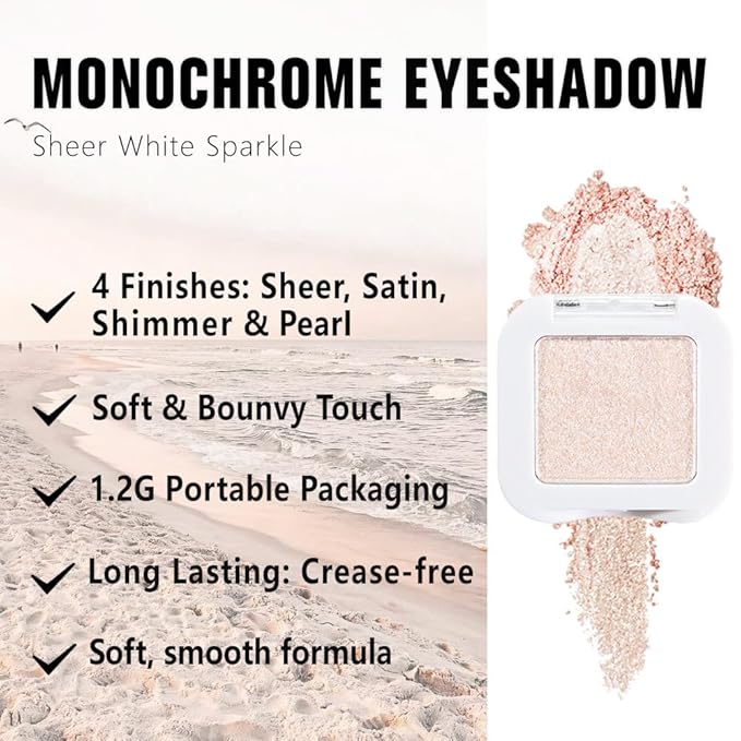 Glittler Single Eye Shadow Palette Makeup, Sheer White Sparkle Shimmer Monochrome Eyeshadow For Old Women, Pigmented Waterproof Sombras Para Ojos, Vegan, Talc, Paraben & Cruelty Free, 02