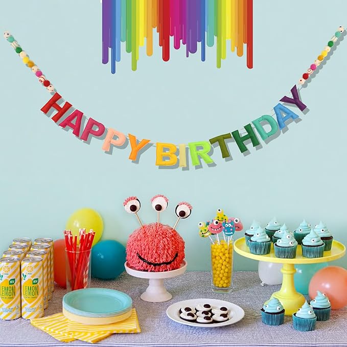Pre-Strung 3D Felt Happy Birthday Banner - Reusable Rainbow Happy Birthday Decorations Sign,Handmade Wool Felt Ball Garland, Pom Pom Garland, Personalized Holiday Sign, Party Decor, Photo Prop