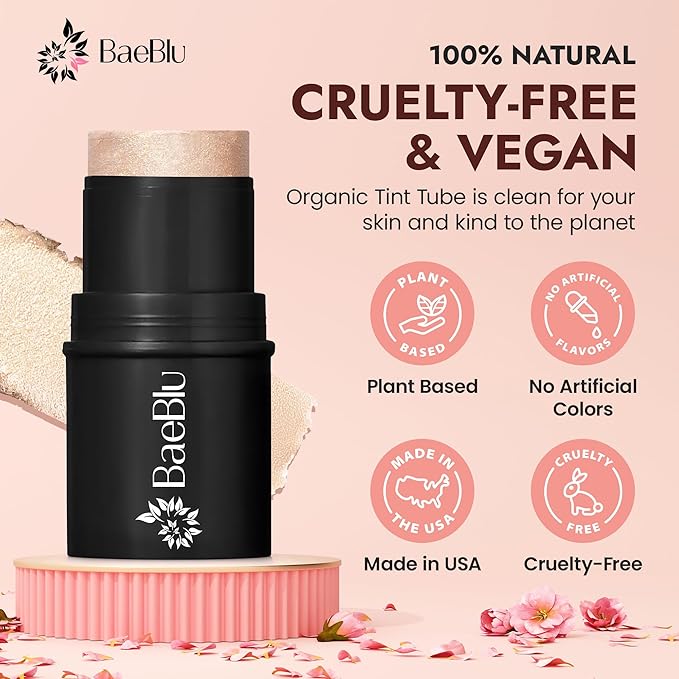 BaeBlu - Organic Blush Tube, Chardonnay - 100% Natural Vegan Cream Blush Sticks, Multi-Use Bronzer, & Highlighter for Lips, Cheeks & Eyes, Buildable Shimmer, Gluten-Free, Paraben-Free, Made in USA