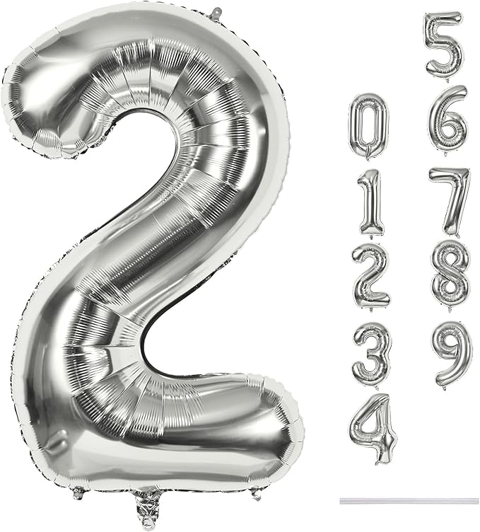 Silver Number Balloons, 40 inch Large Number 2 Foil Helium Balloons for Girls Women, Self Inflating Number Balloons 0-9 for Men Boys 2nd 12th 30th Birthday Anniversary Party Celebration Decoration