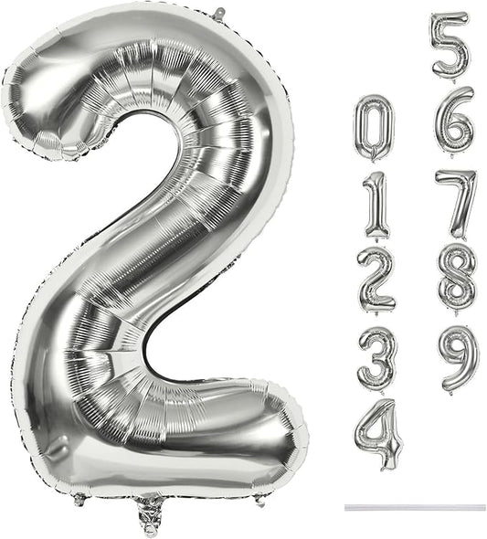 Silver Number Balloons, 40 inch Large Number 2 Foil Helium Balloons for Girls Women, Self Inflating Number Balloons 0-9 for Men Boys 2nd 12th 30th Birthday Anniversary Party Celebration Decoration