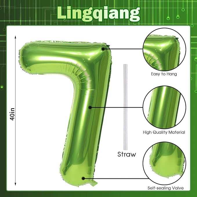 40'' Green Number 7 Balloons, Giant Self Inflating Foil Number Balloons Set 0-9, Large Digital 7 Helium Balloon for Girls Boys 7th Jungle Birthday Party Decorations Anniversary Photo Shoot Supplies