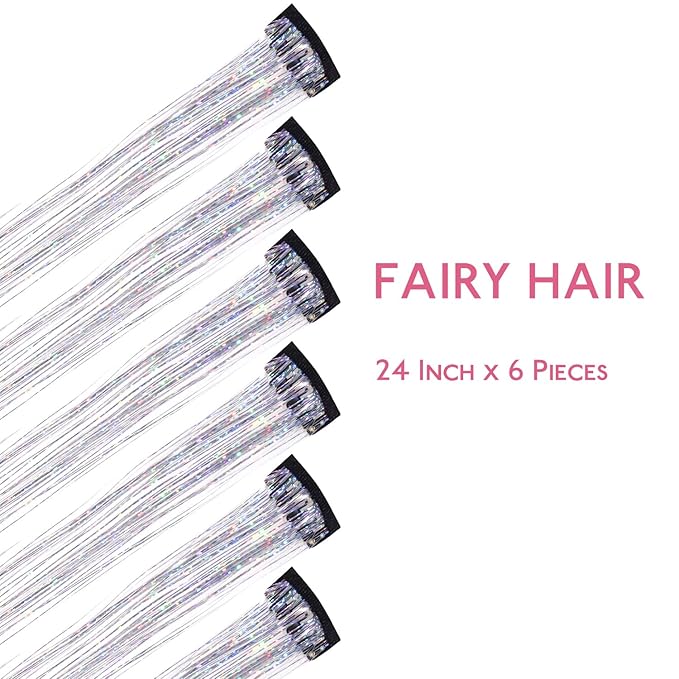 WENNALIFE Hair Tinsel Clip In for Girls Silver, 6pcs 24 inch Clips Tinsel Hair Extensions Clip in Colorful Glitter Clips Sparkle Fairy Hair Accessories for Kids