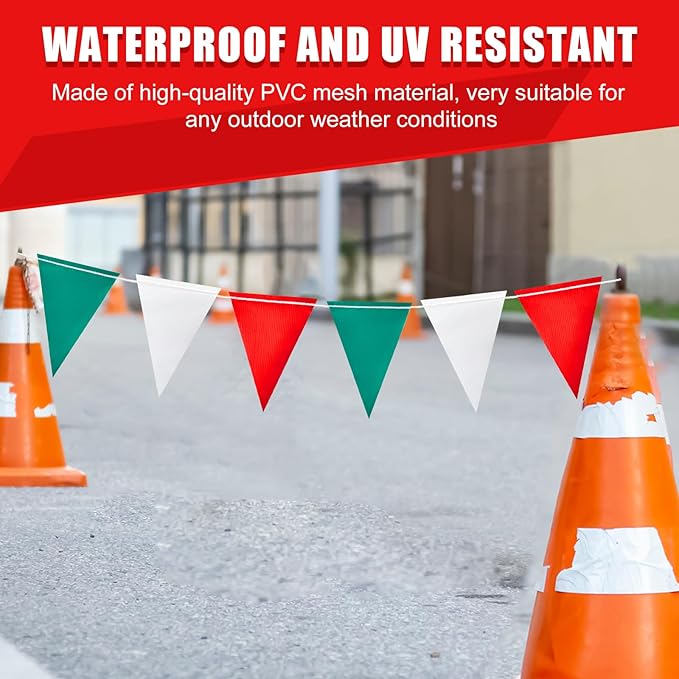 Safety Warning Pennant Banner Flags – Multipurpose OSHA High Visibility Colored Triangle Flags for Roadwork, Party and Hazard Areas(GREEN+WHITE+RED,45Pcs,105FT)