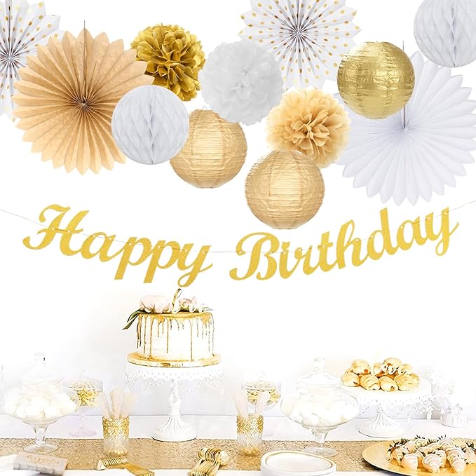 White Champagne Gold Birthday Party-Decorations - 21pcs Happy Birthday Banner,Paper Lanterns,Tissue Pom Poms Flower Fan,Honeycomb Ball,Swirl Streamers Garland Supplies Women Men Decor Huglony